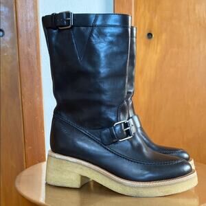 Tamara Mellon Black Combat & Moto Boots Buckle Strap Chunky Sole - 10